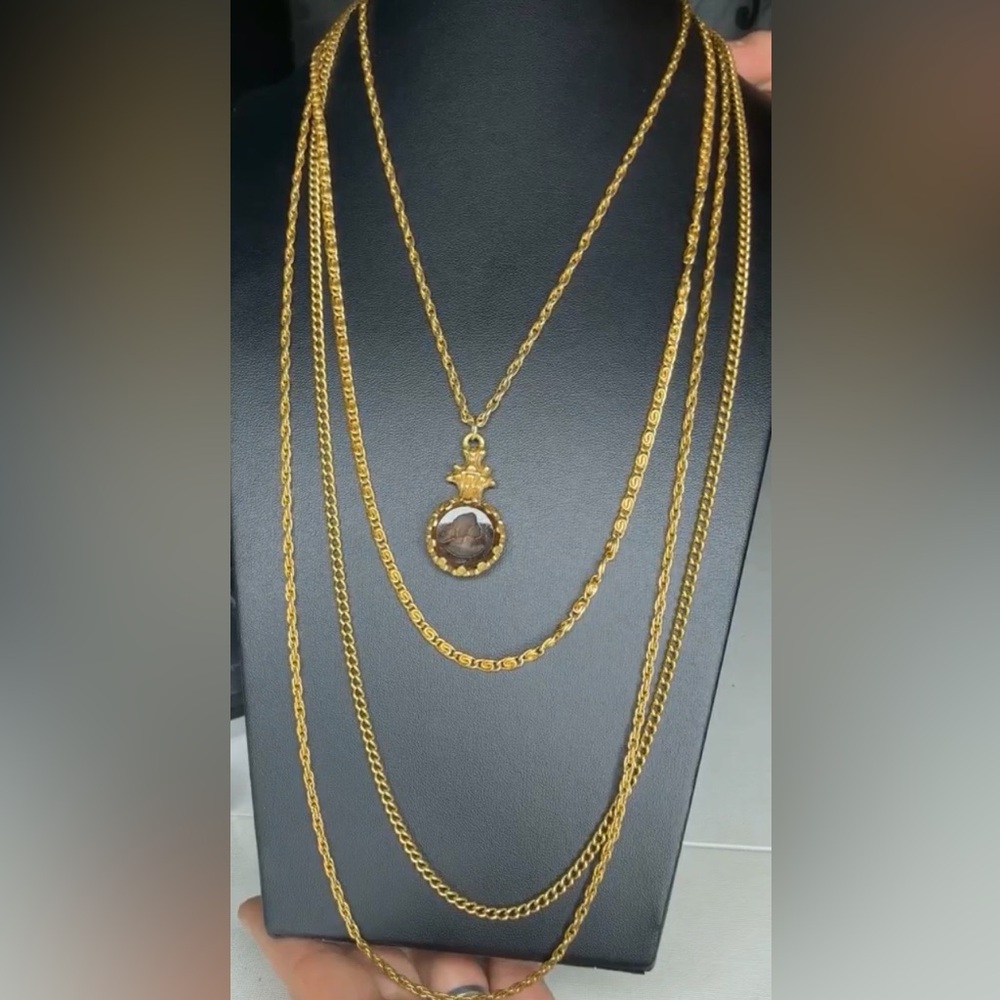 Vintage Victorian Goldette 4 Chains with Cameo Smoky Intaglio Glass Necklace